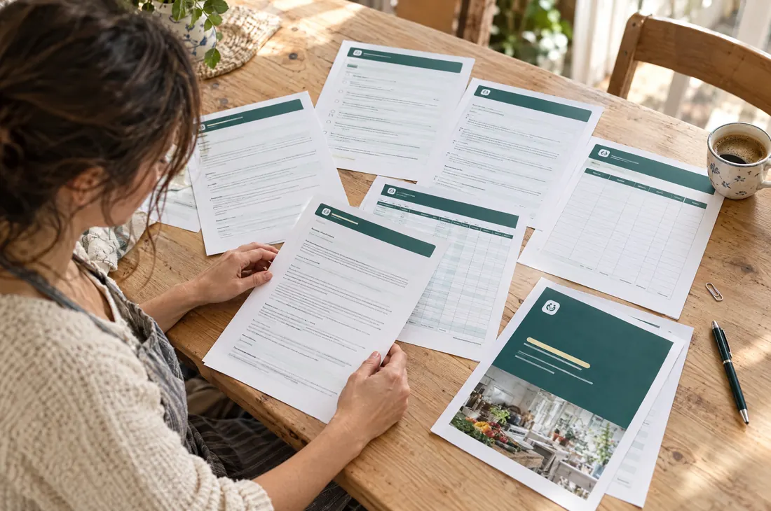 Tutti i moduli del kit stampati e sparsi su un tavolo di legno: lettera di richiesta, tabelle delle spese, scadenze e copertina, mentre una persona ne tiene uno in mano (immagine illustrativa)