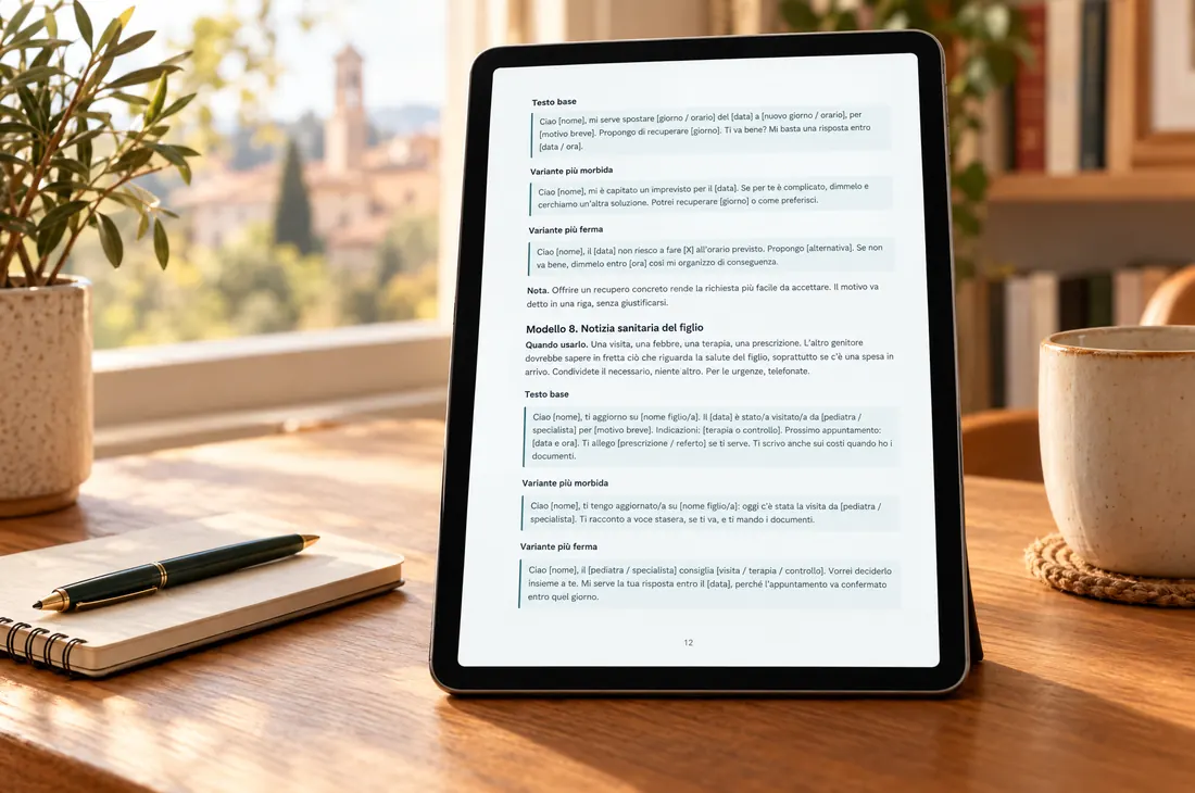 Un tablet su una scrivania mostra una pagina della guida con un messaggio pronto da copiare, accanto a un quaderno e a una penna