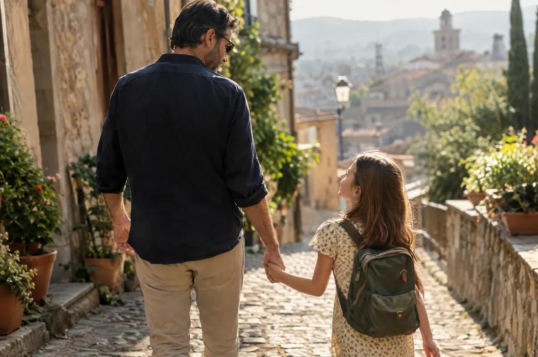 Un padre cammina per mano con la figlia di sette anni, che porta lo zainetto, su una strada acciottolata di un paese italiano