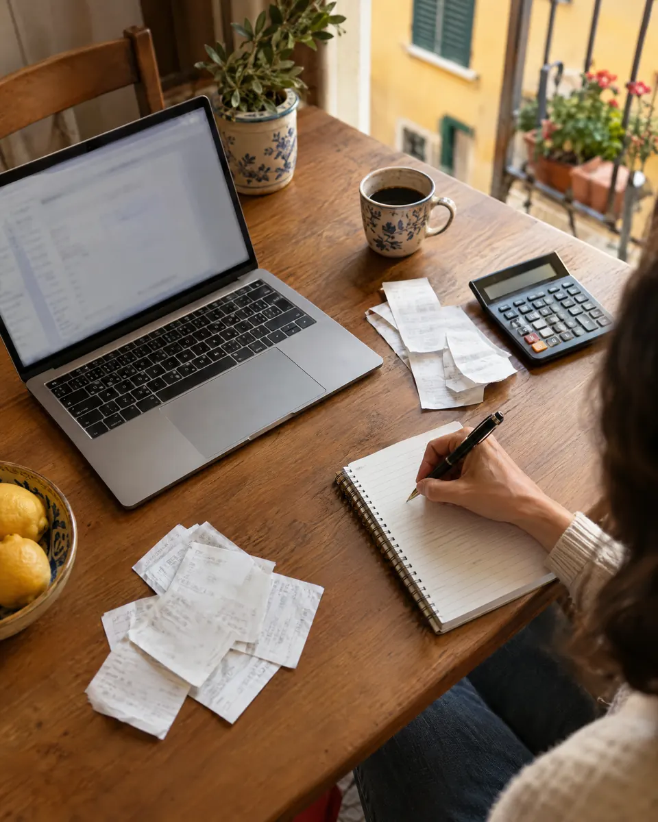 Scrivania con computer portatile, scontrini, calcolatrice e un quaderno su cui una persona scrive i conti delle spese dei figli